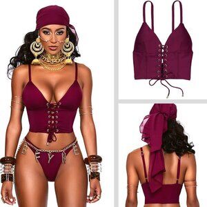 New! BFyne Tahlia Burgundy Lace-Up Corset-Style Bikini Top 10589